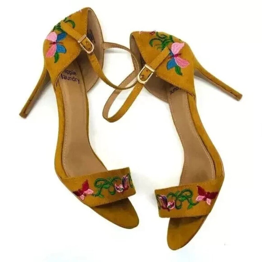 Hippie Laundry Vivienne Embroidered Mustard Pump Ankle Strap Sandals Heels 9